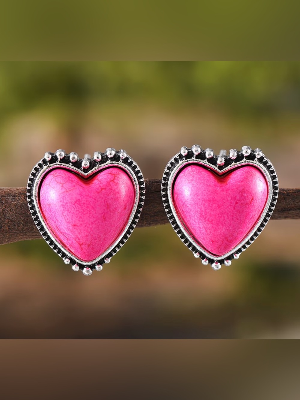Heart-Shaped Pink Stone Stud Earrings - Silver Tone